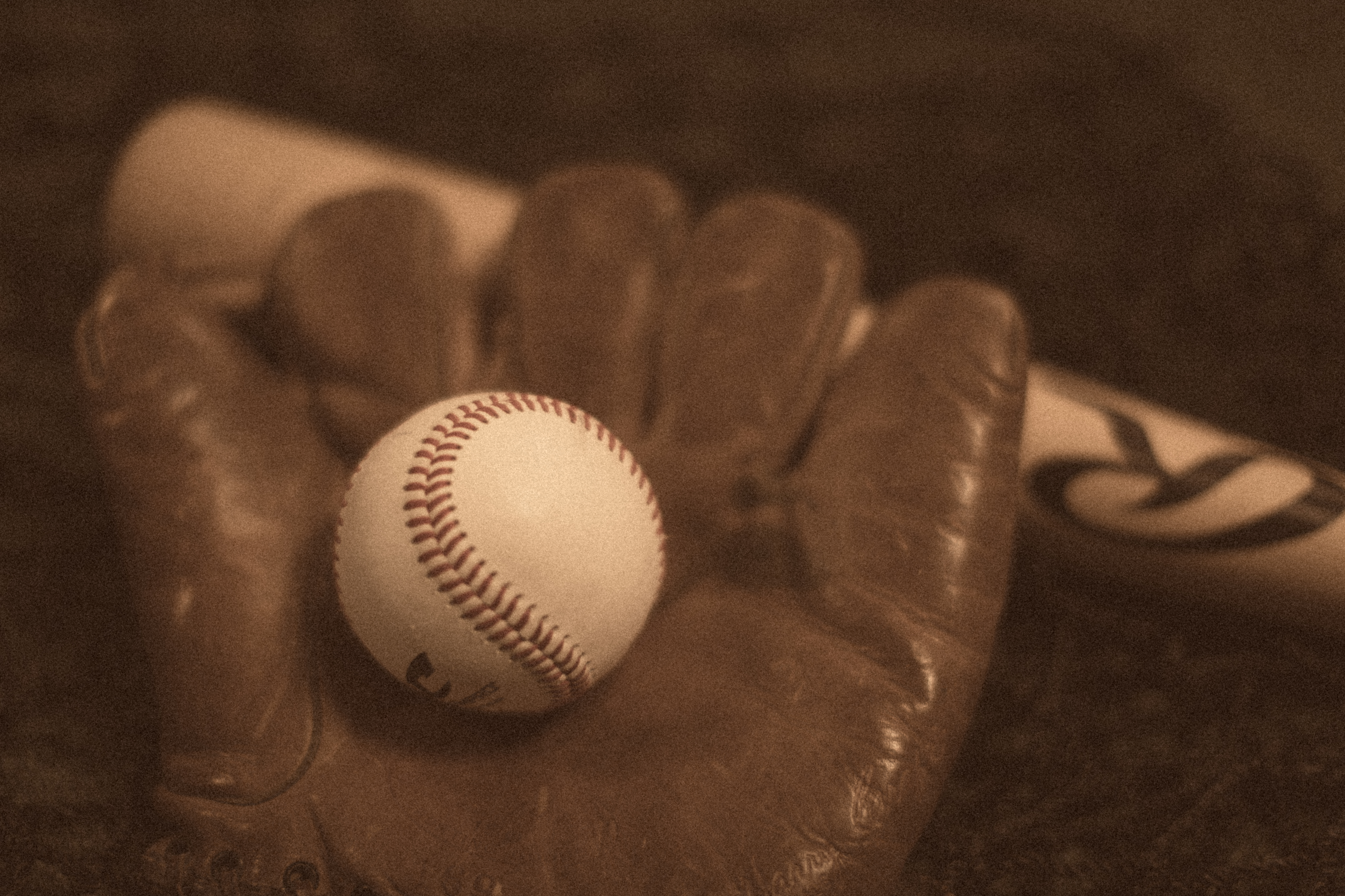 Baseball, bat, and vintage glove